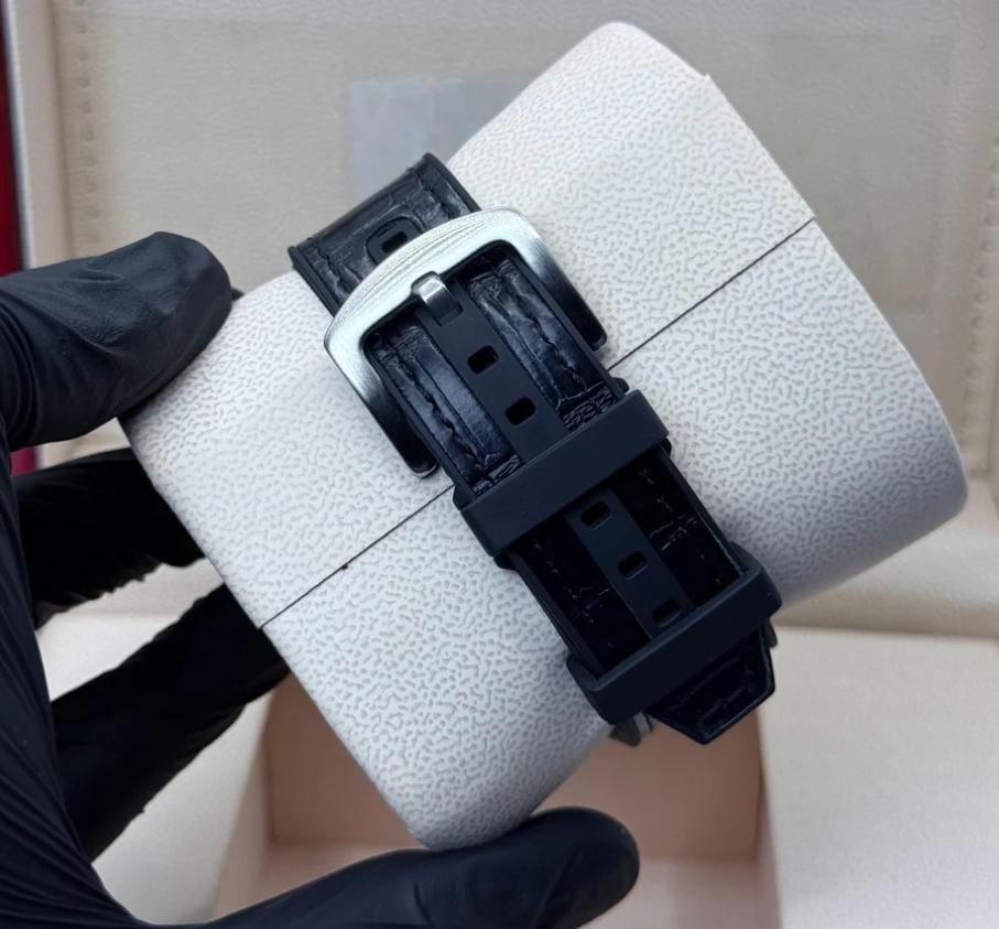 FM Black leather strap with white diamond watch